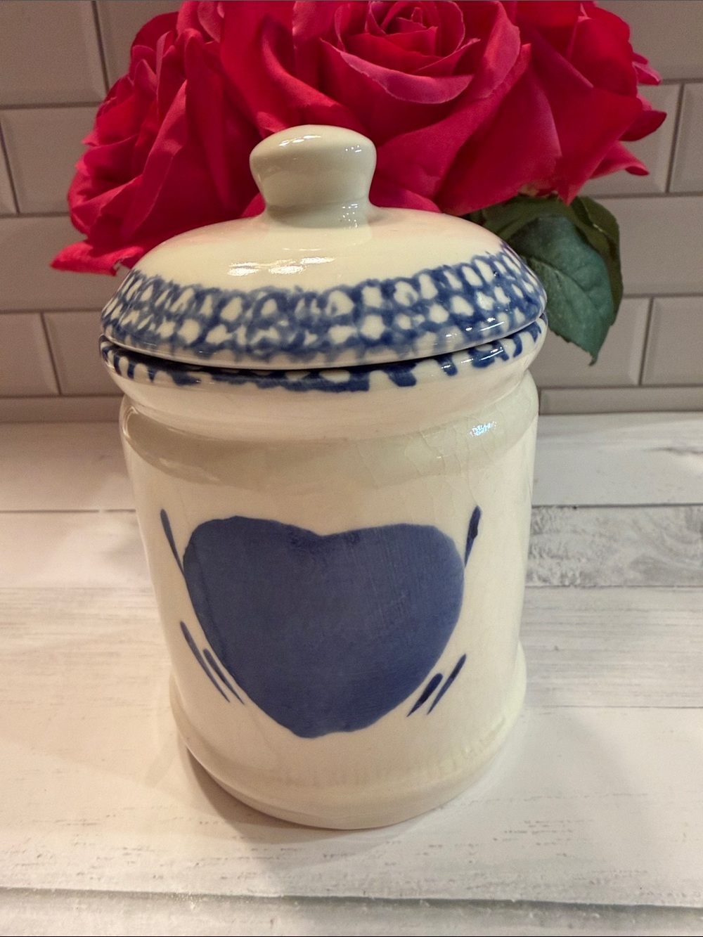 Hand-Painted Cream Ceramic Jar with Blue Heart Lid